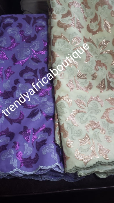 Clearance: Sequence net French lace fabric. Soft texture, beautiful lilac/purple color. Great quality, great price. Sold per 5yds, price is for 5yds.