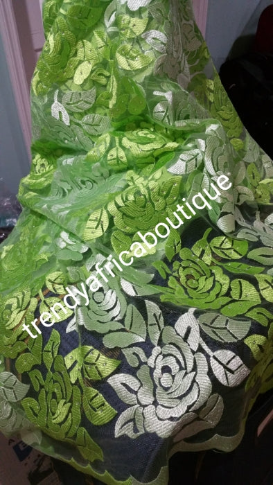 Classic lemon/mint green net French lace fabric with clear crystal stones. Luxury quality. Sold per 5yds lenght..