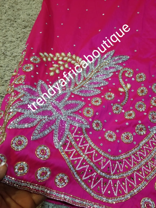 Back in stock & Ready to ship: luxurious Quality taffeta Silk George wrapper. Fuschia pink Nigerian Bridal beaded and crystal stoned George wrapper. Sold as 2 wrapper + 1.8yds Net for blouse. Niger/delta/Igbo traditional bridal outfit