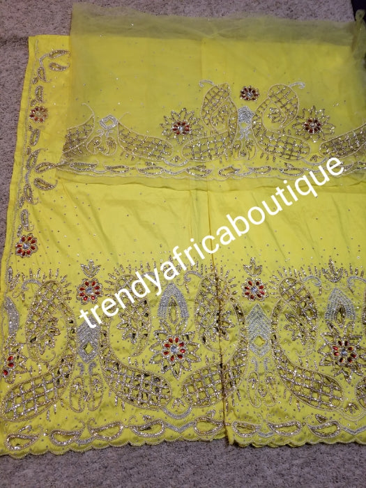 Ready to ship: quality Hand Stoned sweet yellow VIP taffeta Silk George wrapper and matching blouse. Red and white dazzling Crystal stones. Hand cut work to perfection. Use by Nigerian Igbo/Delta wrapper