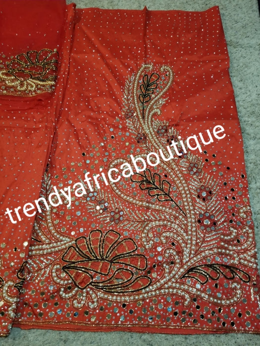 Ready to ship: RED Royal wedding/VIP hand beaded and stoned Nigerian traditional Celebrant George wrapper with matching blouse. Niger/Delta/Igbo women Georges. Quality silk George wrapper for high society party. Sold as set of 2 wrapper +1.8yds blouse