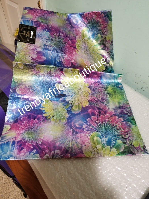 Multi color 2 in 1 pack Sago gele head tie for Nigerian head wrap. Beautiful design. Soft texture, easy to make into beautiful Nigerian party gele. Excellent quality. Sold as a park. Purple multi color