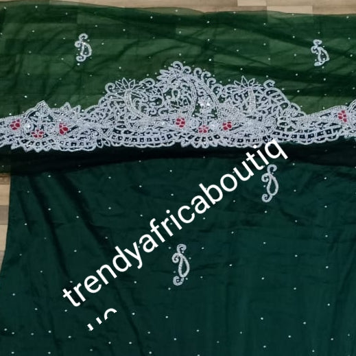 Ready to ship: emerald Green VIP hand beaded and stoned Nigerian traditional Celebrant George wrapper with matching blouse. Niger/Delta/Igbo women Georges. Quality George wrapper for high society party. Sold as set of 2 wrapper +1.8yds blouse