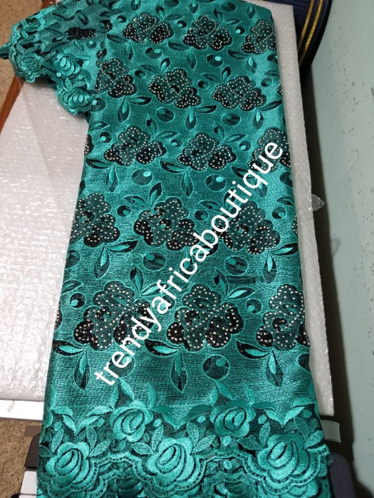 Luxurious Beautiful teal Green embriodery net French lace fabric Swiss Quality lace embellished with crystal stones all over. Sold per 5yds. Nigerian french lace fabric. Rich quality for wedding dress
