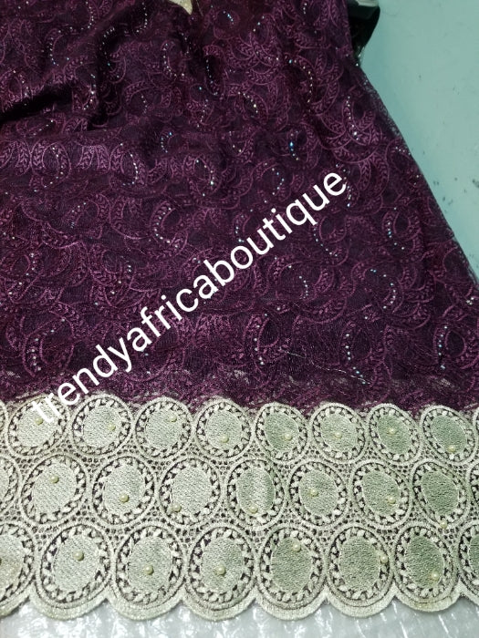 Clearance: Plum/cream border African french lace fabric. Original quality. Use to make Nigerian party dress. Sold per 5yards. Aso-ebi can be produce upon request.