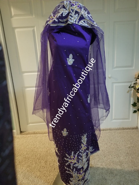 Sale: purple embroidery/stoned Taffeta Silk George wrapper for Nigerian women. 5yds wrapper + 1.8yds matching net for blouse. Sold as a set. Embriodery/beads and stone work. Small-george, aso-ebi George