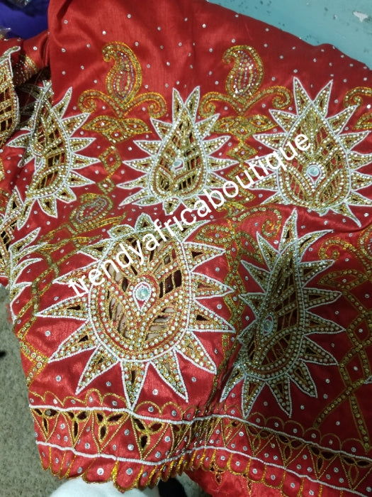 Sale sale!!: Georgous tomatoes Red Nigerian VIP hand stoned Jazz silk George wrapper. 5.5yds + Bonus 2 yrds matching net for Blouse. Heavy design with hand cut and Crystal stoned /Nigerian Wrapper for Bride outfit