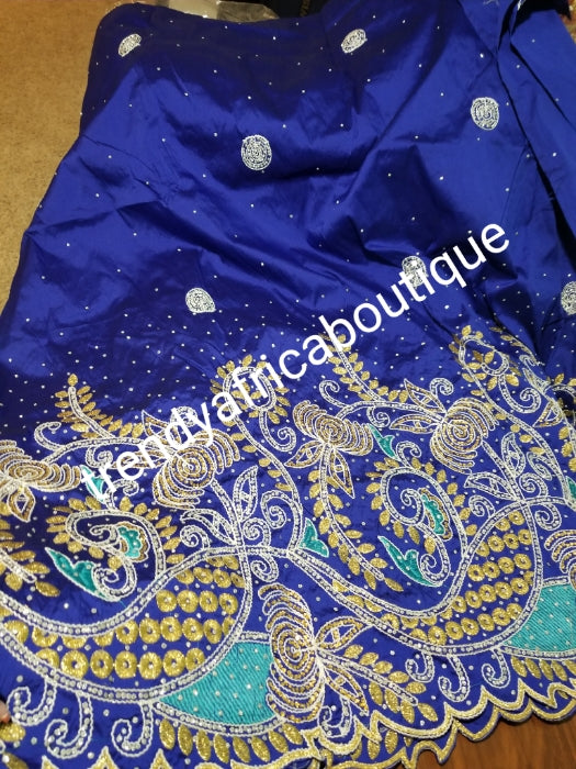 Quality Royal Blue embriodered and stone silk George wrapper. Top quality Indian-George for making Nigerian/African party dress, wrapper and more. 5yds silk George + 1.8yds matching net blouse. Contact us if you are interested in Aso-ebi order