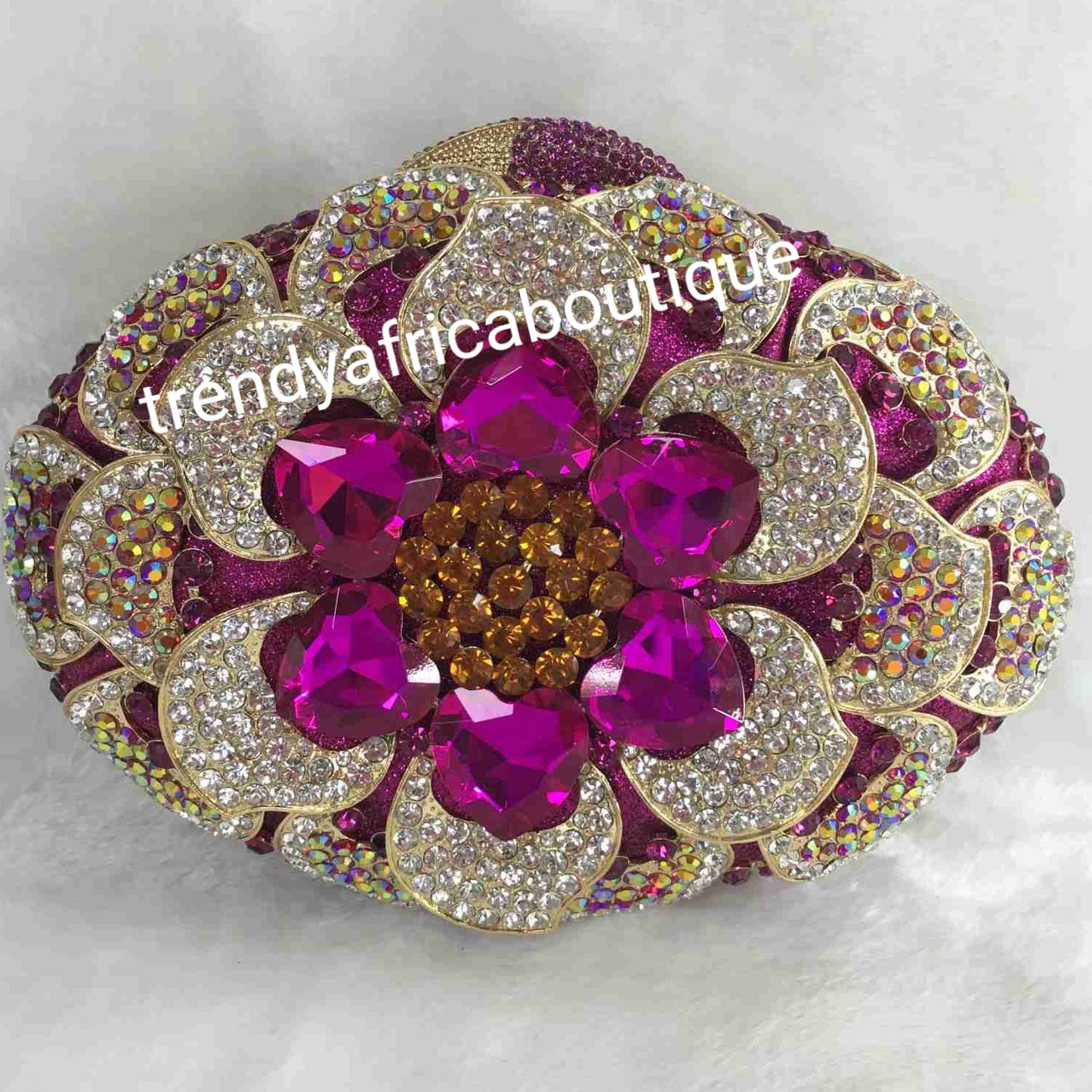 Sale Quality magenta/gold evening hand clutch. Crystal Clutch/purse. All over dazzling crystal stones. Magenta crystal stones