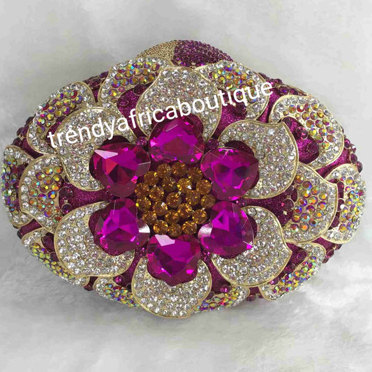 Sale Quality magenta/gold  evening hand clutch. Crystal Clutch/purse. All over dazzling crystal stones. Magenta crystal stones