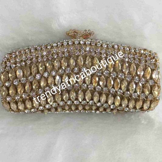 Sale Quality evening hand clutch. Crystal Clutch/purse. 8" long x 5" wide. All over dazzling crystal stones. Gold crystal stones