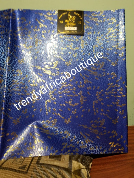 Nigerian royal blue/gold design Sago Gele head wrap. 2-1 pack gele. Easy to tie. 2 yds long by 19 inches wide. Classic African/Nigerian fabric for making gele (headtie) Sold per set. Price is for one set