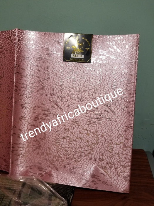 Nigerian baby pink/silver design Sago Gele head wrap. 2-1 pack gele. Easy to tie. 2 yds long by 19 inches wide. Classic African/Nigerian fabric for making gele (headtie) Sold per set. Price is for one set