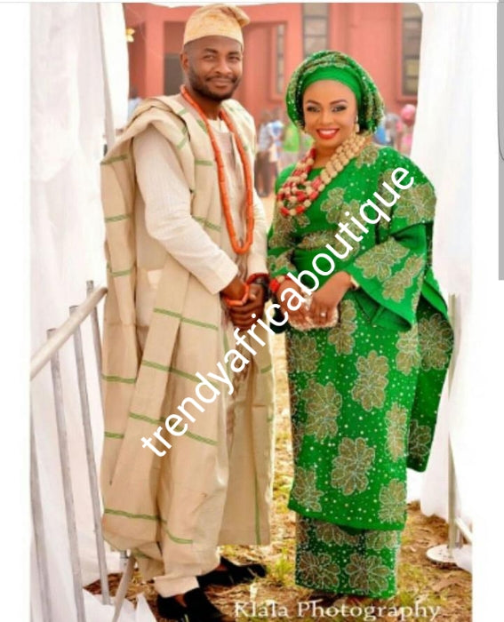 Latest Aso-oke set for Nigerian Traditional ceremonies like weddings. Make-to-order only. Custom-made design. Green/cream. Allow 6-8 weeks for order process