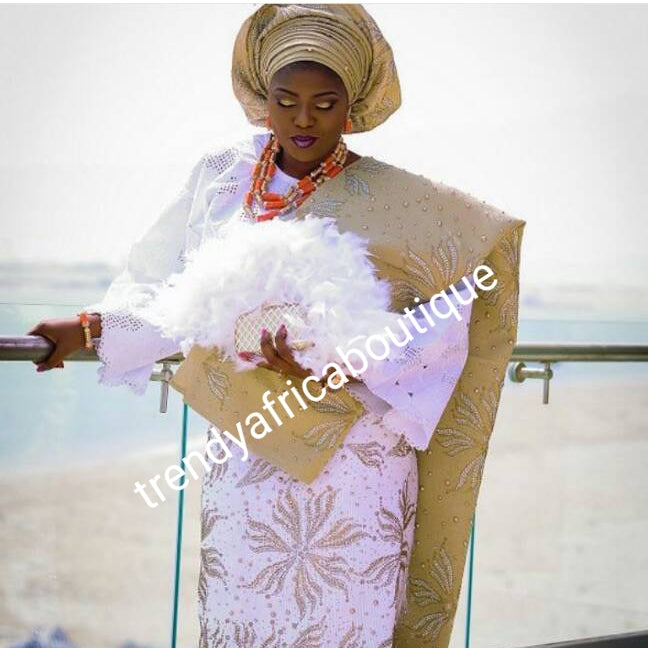 Custom-made bead-dazzled Swarovski stone design aso-oke set for bride/celebrant. White/champagne gold 4pcs or 5pcs Nigerian traditional aso-oke wrapper/Buba/gele/ipele set. 6-8 weeks processing time. Made-to-order only