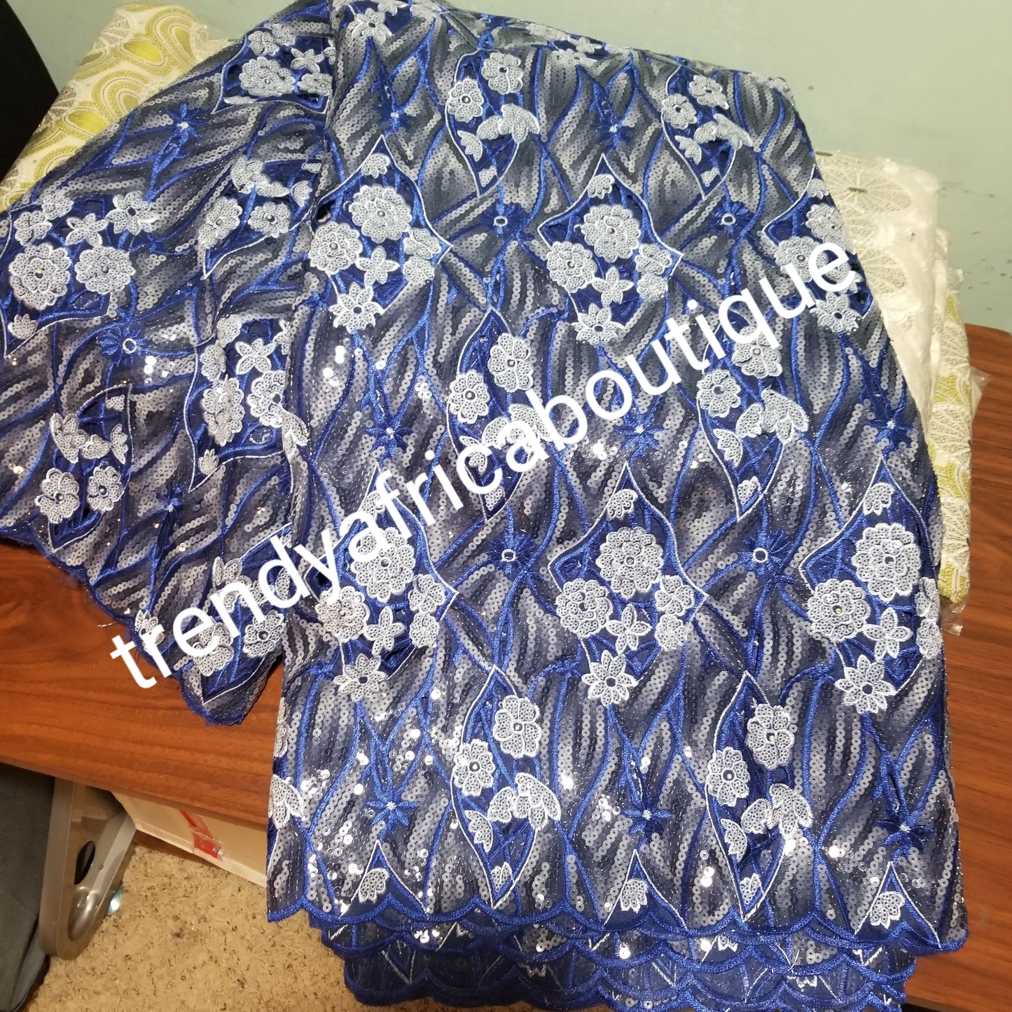Navyblue/gray sequence Double Organza swiss lace Fabric. Beautiful handcut lace embellished with sequence. Classic Big Nigerian party lace sold per 5yds. Exclusive celebrant organza ideal for Iro/buba!!