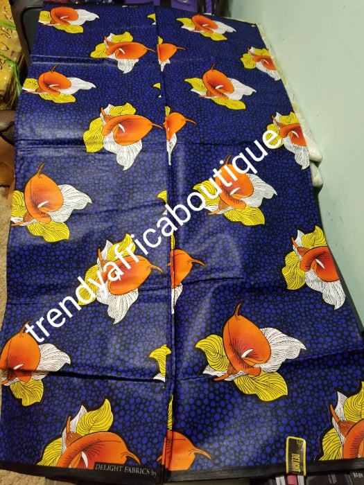 Beautiful royal blue/ flower Patten Nigerian Ankara wax print fabric. Sold per 6yds. Quality 100% cotton Ankara for making African dresses. New arrival veritable Hollandaise wax print fabric