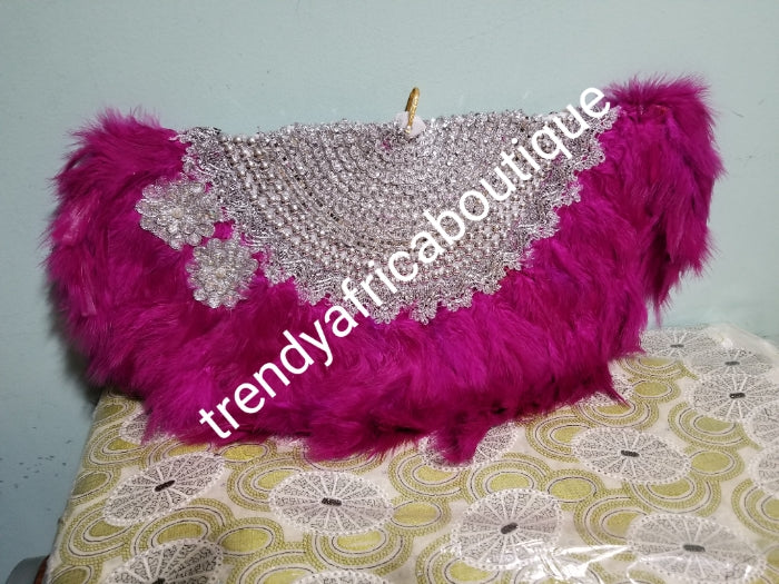 Bonus Offer magenta bedazzled Aso-oke. 4pc wide Gele with 72" long Ipele (shoulder shawl). Sold with or without feather fan. Nigerian Celebrant Aso-oke with matching fila & feather fan from Nigeria. All over Swarovski stone work on gele/ipele