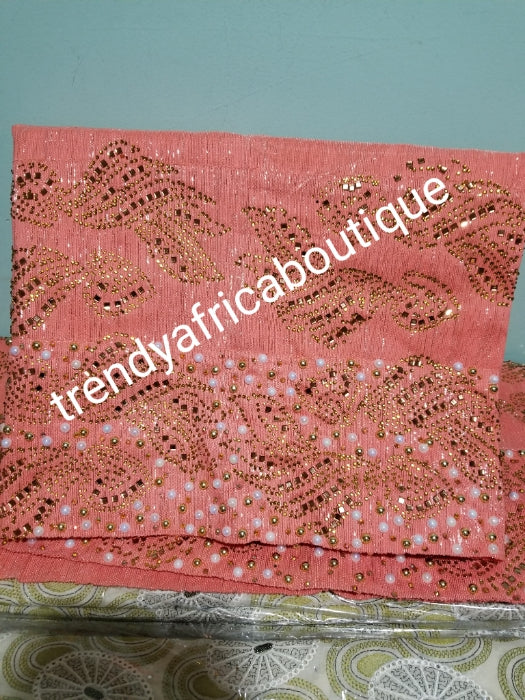 New arrival classic Peach Bedazzled Aso-oke Gele headtie. 4 wide for making bigger gele. classic Latest design of Nigerian Traditional aso-oke. Original aso-oke + Stone work