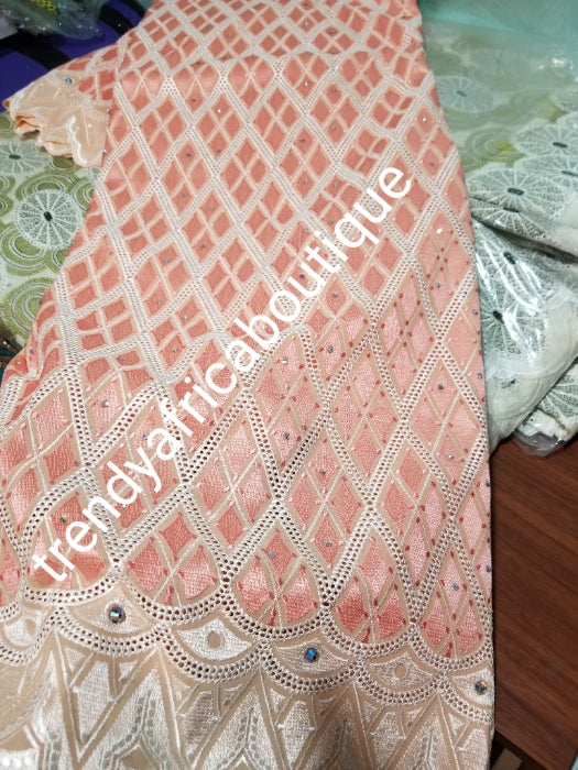 New arrival of Exclusive quality embriodery swiss lace fabric sweet peach. Nigerian traditional stoned soft texture swiss voile. Sold per 5yds price is for 5yds.