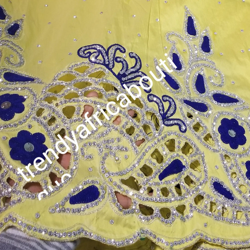 Sale: original quality Taffeta Silk George wrapper: quality yellow George/royal blue contrast blouse. Embellished with crystal stones for Nigerian traditional wedding/party outfit. Come as 2.5yds+2.5yds +1.8yds matching net. Aso-ebi order available