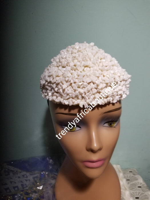 Ivory color Nigerian Traditional wedding Bridal Beaded cap. Edo/Igbo Bridal Accessories of cap. Use for Edo/igbo/delta traditonal wedding/ceremony. Size 22, Standard head circumference for women