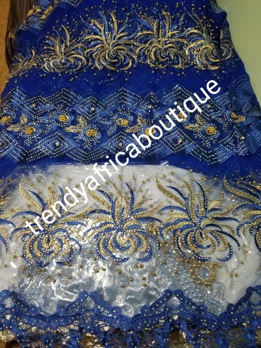 Sale: Exclusive Design African Net French Lace fabric. Royal blue lace embriodered with gold, Bead and Crystal stones perfect for that special occasion. Sold per 5yds and price is for 5yds