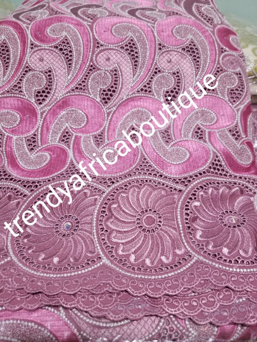 Sale sale with free headtie. New arrival original swiss lace fabric in classic onion pink/baby pink Nigerian traditional celebrant Swiss lace embroidered, and stoned, handcut soft beautiful design. Sold per 5yds