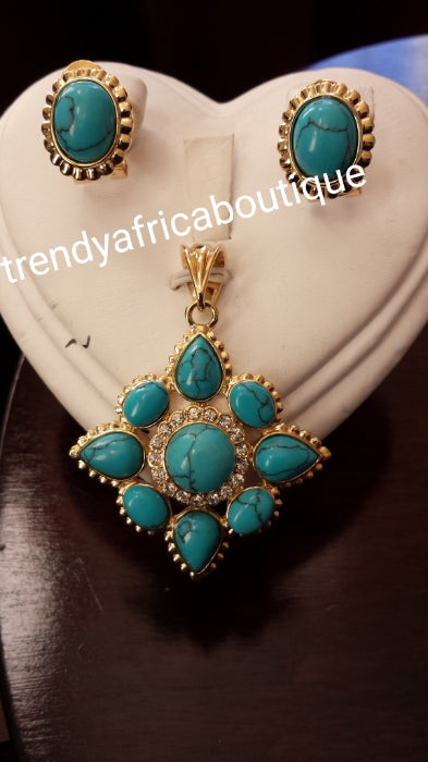 18k Gold plated pendant/earrings turquoise set. Small beautiful pendant set for every day use