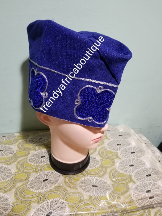 Royal blue embriodery Aso-oke men-cap for Native wear. Nigerian Traditional native cap for men. Agbada cap for men