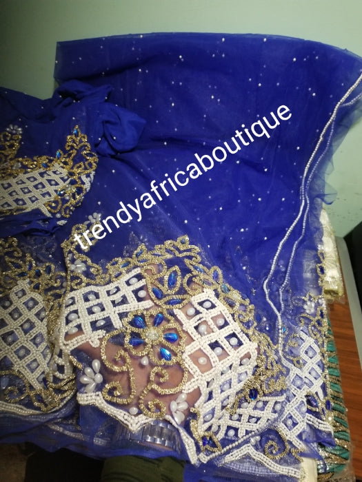 Clearance Net George: Nigerian VIP net Beaded and Hand stoned George wrapper. . 5yes + 1.8yds matching net blouse. Sold as a set. Beautiful Royal blue net George