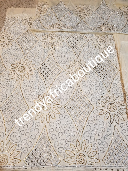 Sale sale: Beige hand cut embriodery + crystal stones Silk George wrapper and matching net blouse. Classic Cream George, All Crystal stones to perfection. 2 wrapper of 2.5yds each and 1.8yds blouse. Nigerian madam George/Igbo Delta women