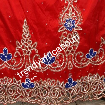 New arrival Beautiful Red taffeta with royal blue velver patches.High quality Hand Stoned silk George wrapper for Nigerian/Igbo/delta/Akwa Ibom Traditional outfit. Sold as 5yds wrapper + 1.8yds complimentary net for blouse.