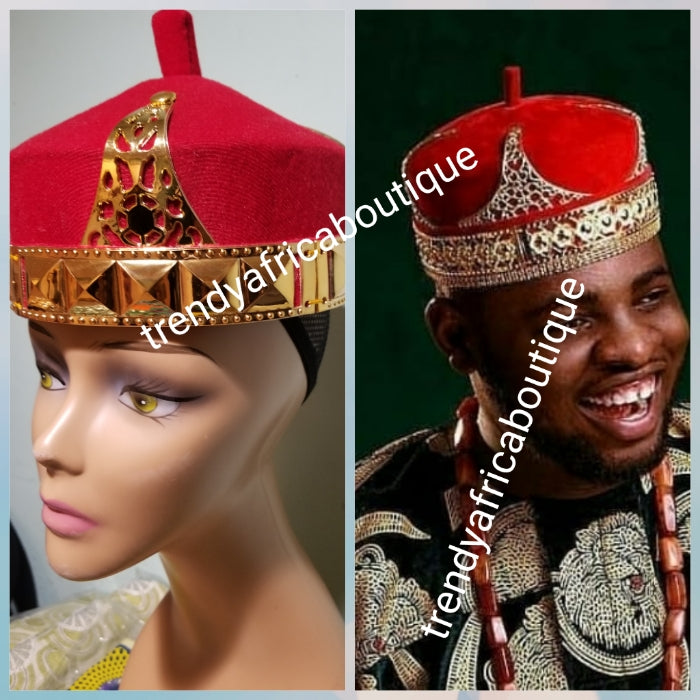 Red Igbo Traditional cap (Aka Cap) for ceremonies. Men-cap in red. Igbo Chief cap