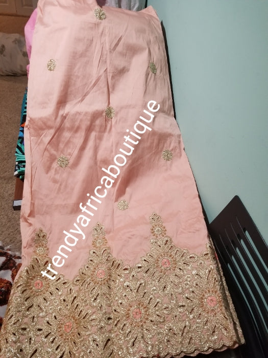 Original quality sweet peach with gold embriodery and beaded silk George wrapper. Nigerian traditional wedding George, Quality Indian-George. 5yds wrapper + 1.8yds net matching blouse. Aso-ebi available. Contact us for detail.