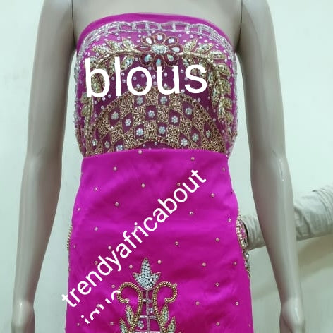 Produce-per-Order Request in any color: luxurious Quality taffeta Silk George wrapper. Fuschia pink Nigerian Bridal beaded and crystal stoned/hand cut work. Sold as 2 wrapper + 1.8yds Net for blouse. Niger/delta/Igbo outfit. 3-4 weeks production