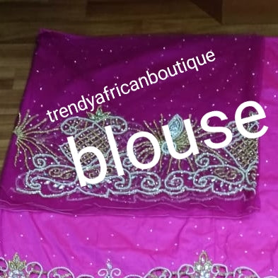 Ready to ship: Fuschia pink 1st lady Nigerian big Celebrants VIP hand Stoned with dazzling Crystal stones George wrapper. 2.5yds + 2.5yds + 1.8 yds matching net blouse. Exclusive handcut design for Igbo/delta women or men outfit