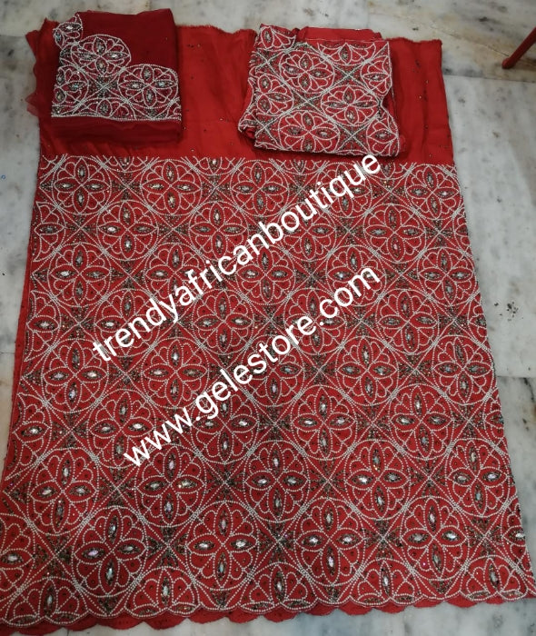 Ready to ship. Beautiful Red Original Quality VIP hand beaded and Crystal stoned George wrapper. 2.5yds + 2.5yds + 1.8 yds matching net blouse. Red carpet/1st lady wrapper. Niger/Delta/Igbo Celebrant Georges.feel the difference in quality!!