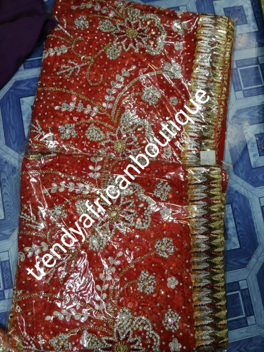 Ready to ship. Gorgeous Red net George. perfect stone work for traditional Bridal outfit. Quality beaded and dazzling crystal stoned on a net George wrapper. 2.5yds + 2.5yds + 2yds.fabric. Sold as a set, price is for a set.