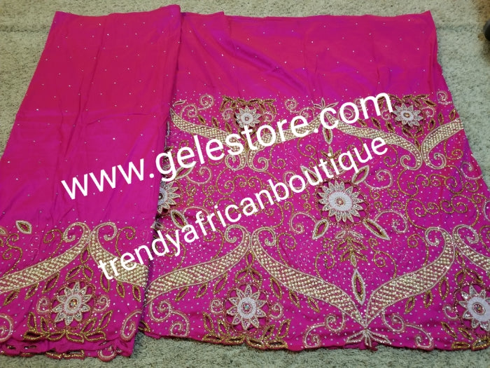 Ready to ship: sale fuschia pink VIP hand beaded and shinning stoned Nigerian traditional Celebrant George wrapper with matching blouse. Niger/Delta/Igbo women Georges. Quality George wrapper for high society party. Sold as set of 2 wrapper +1.8yds blouse