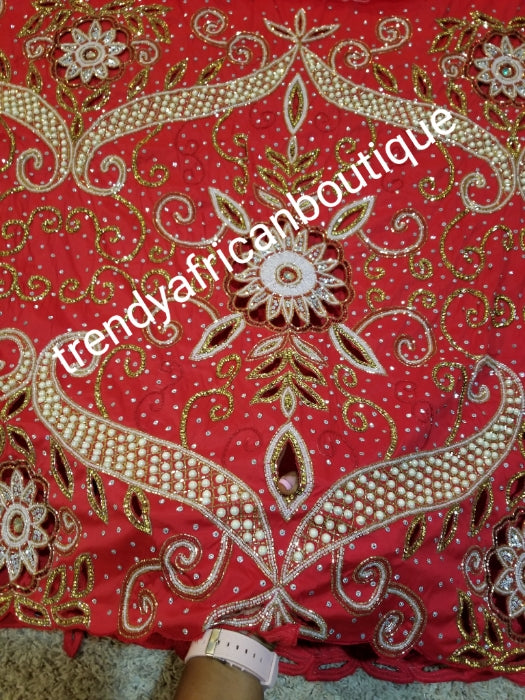 Ready to ship: sale Red VIP hand beaded and shinning stones Nigerian traditional Celebrant George wrapper with matching blouse. Niger/Delta/Igbo women Georges. Quality George wrapper for high society party. Sold as set of 2 wrapper +1.8yds for blouse