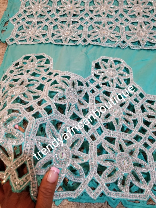 Ready to ship:Mint green/peach blouse Quality taffeta Silk George wrapper embellished with dazzling Crystals and beaded to perfection for IIgbo/Niger/Delta women Red carpet events. Sold as 2 wrapper + 1.8yds Net for blouse. You will love the quality!