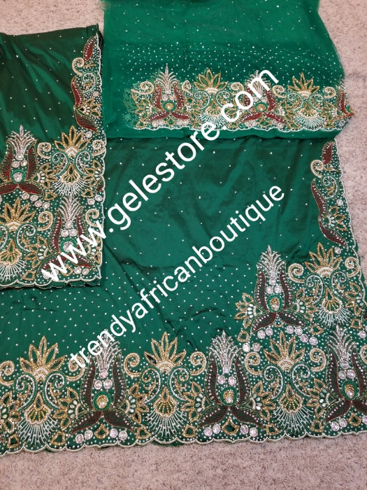 Ready to ship: bottle green first Lady/VIP hand beaded and stoned Nigerian traditional Celebrant George with matching blouse. Niger/Delta/Igbo women Georges. Exclusive Side beaded design wrapper, Sold as a set of 2 wrapper +1.8yds matching net for blouse