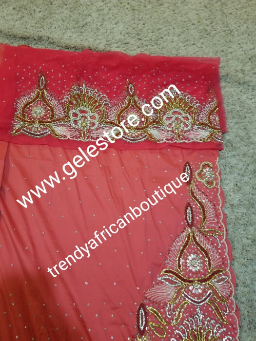 Special offer: coral pink first Lady/VIP hand beaded and stoned Nigerian traditional Celebrant George with matching blouse. Niger/Delta/Igbo women Georges. Exclusive Side beaded design wrapper, Sold as a set of 2 wrapper +1.8yds matching net for blouse