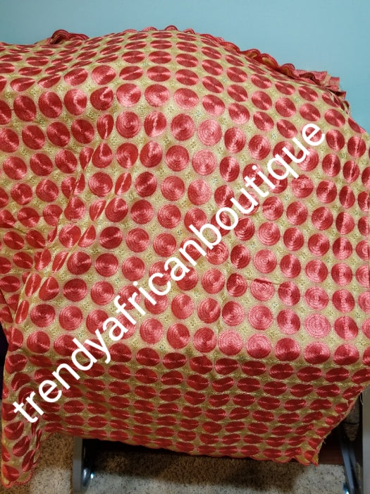 Coral/champagne embriodery swiss lace fabric. Embellish crystal stones. Soft quality swiss lace sold in 5yds, price is for 5yds. Color can be use by men or women for Nigerian traditional outfit