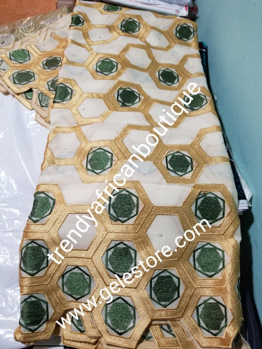 Clearance Give away price: Gold/olive green Swiss Embriodery Lace fabric with clear crystal stones. Great quality and texture. Sold per 5yds. Price is for 5yds. African lace for making party outfit. Unisex color