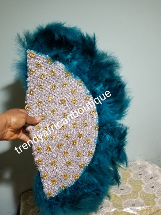 Ready to ship teal green Feather hand fan.front and back design. Medium size moon shape. Bridal-accessories design with gold beads and flower petal. Limited quantity.