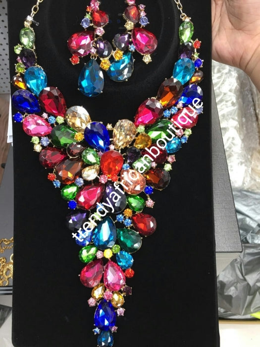 Clearance sale Multi color Crystal stones bridal necklace Jewelry set. Beautiful Long crystal set. 18k gold plated