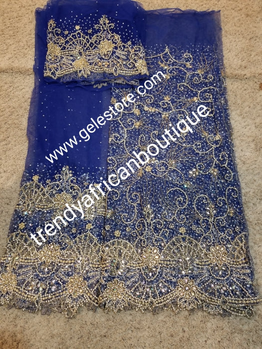 Produce-per-order Gorgeous hand beaded and stoned Igbo Traditonal Bridal wedding George Wrapper and matching net blouse. Full 2.5yds hand stoned + 2.5yds border stoned work + 1.8yds matching net blouse. 3-4 weeks to produce any color of your choice