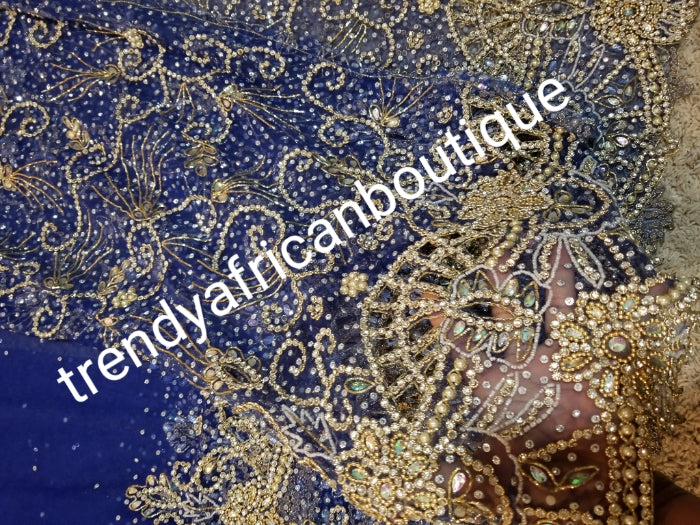 Ready to Ship: Gorgeous Igbo Traditional Bridal outfit- quality Navy blue net George wrapper embellished with dazzling Crystals all over. 2 wrapper + 1.8yds net for blouse. Ideal for making Celebrant outfit. Model show wearing Gold